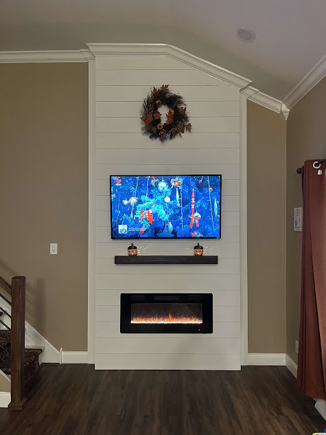 Huge Shiplap TV, Fireplace and Mantel Wall